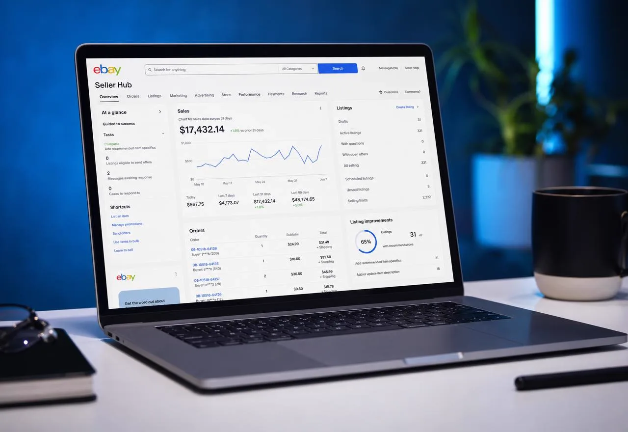 eBay Seller Hub store management dashboard open on a laptop