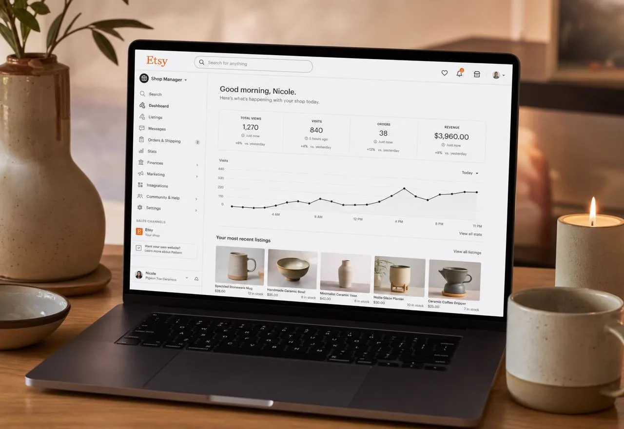 Etsy Shop Manager store management dashboard open on a laptop