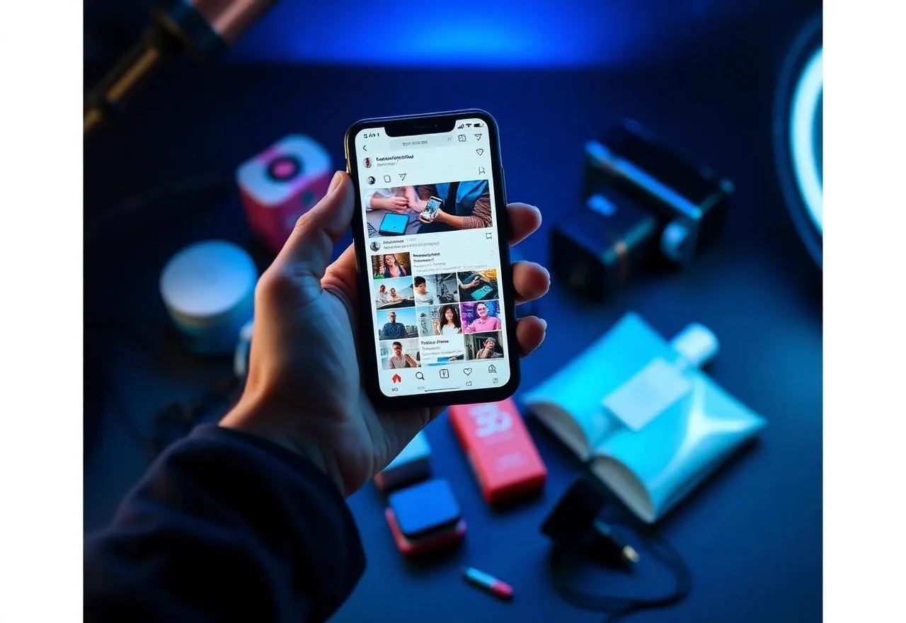 Smartphone showing a social media content feed beside products and a ring light